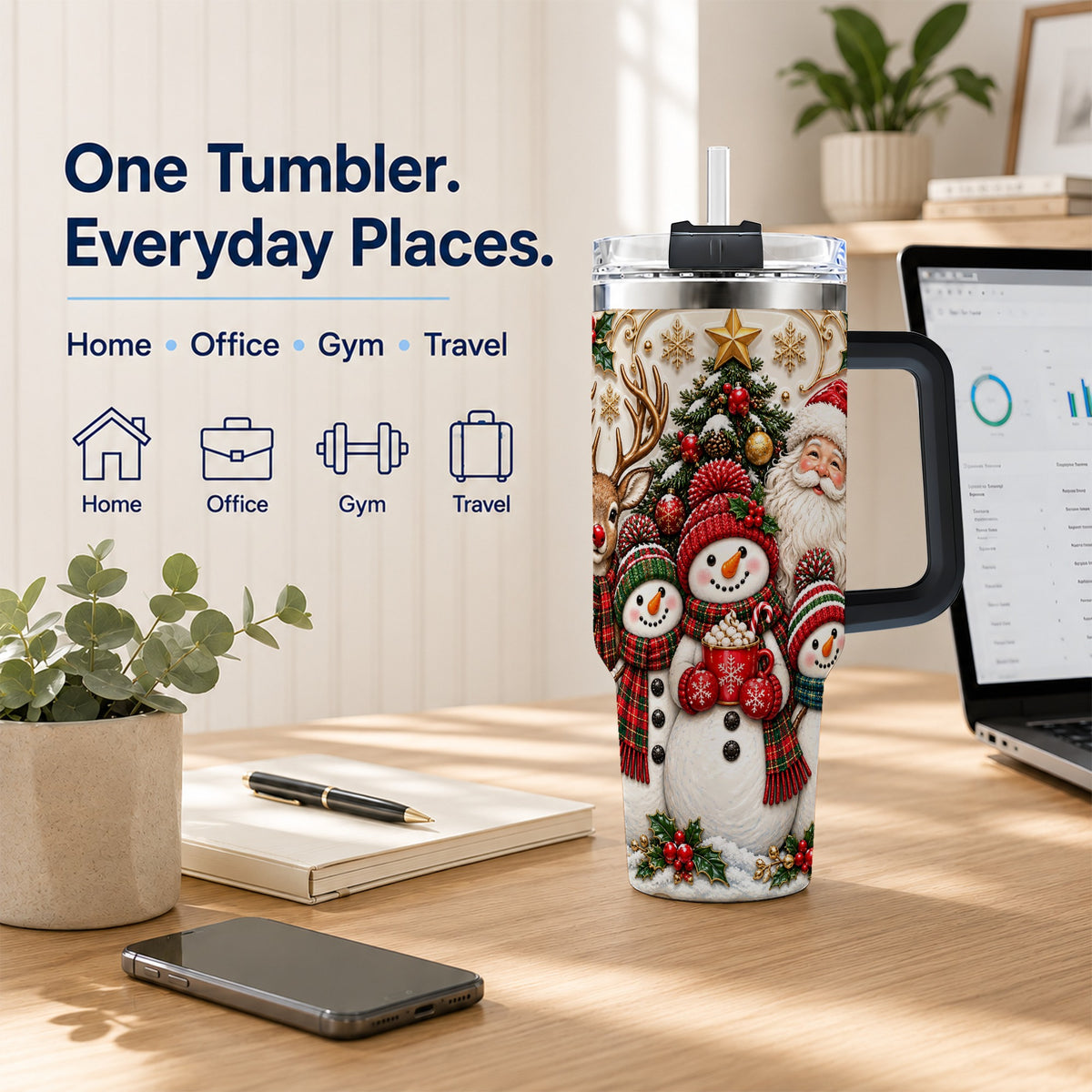 #pl[40oz|Black] Santa Snowman 40oz Tumbler with Handle, Christmas Travel Cup