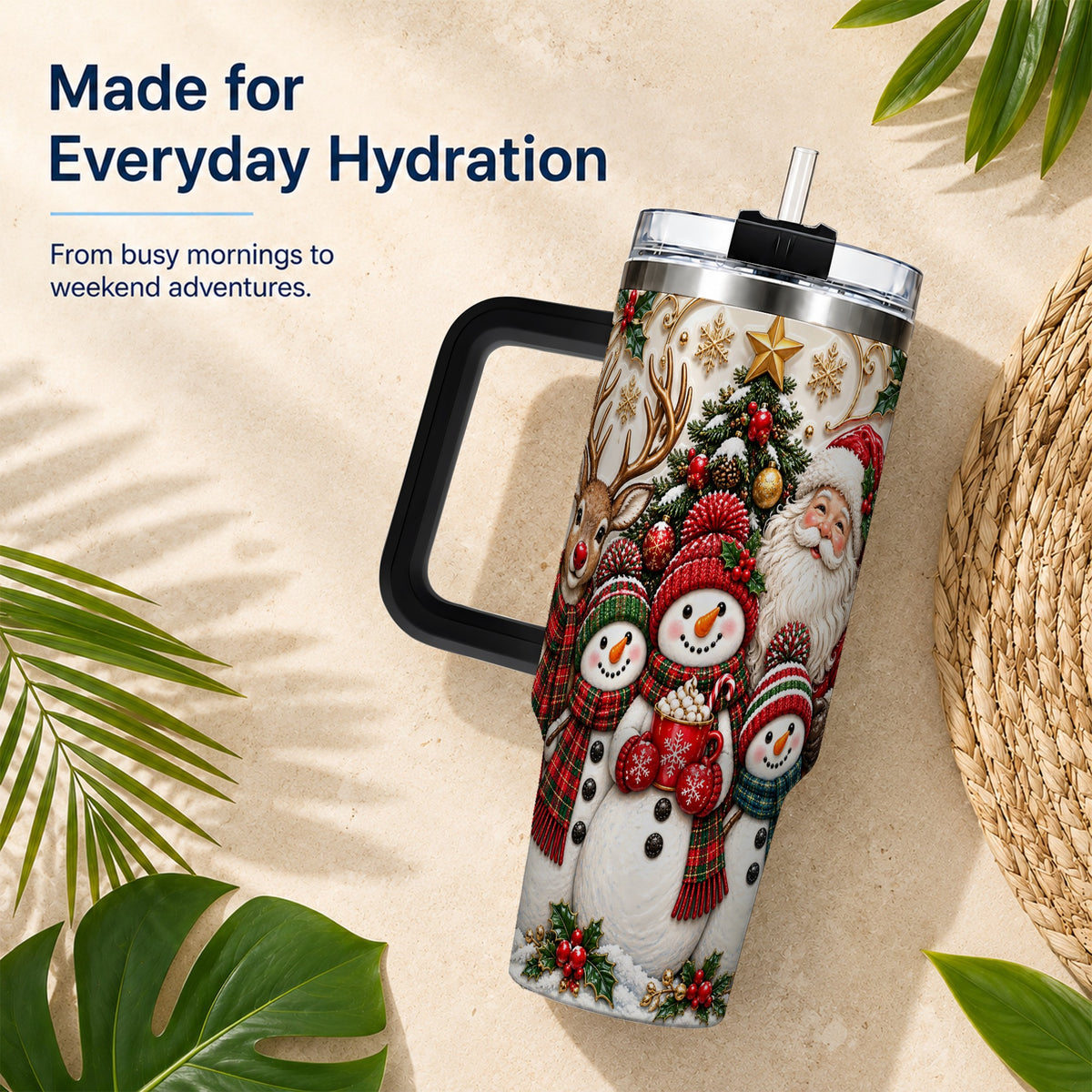 #pl[40oz|Black] Santa Snowman 40oz Tumbler with Handle, Christmas Travel Cup