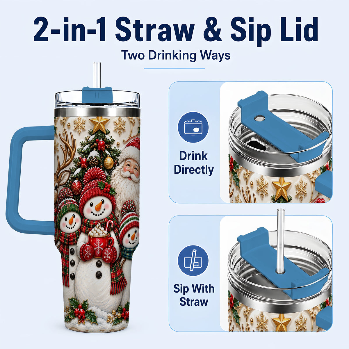 #pl[40oz|Blue] Santa Snowman 40oz Tumbler with Handle, Christmas Travel Cup