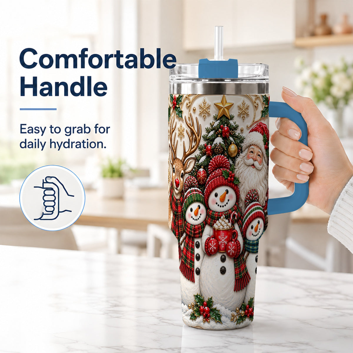 #pl[40oz|Blue] Santa Snowman 40oz Tumbler with Handle, Christmas Travel Cup