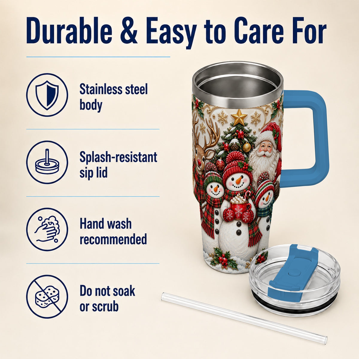 #pl[40oz|Blue] Santa Snowman 40oz Tumbler with Handle, Christmas Travel Cup