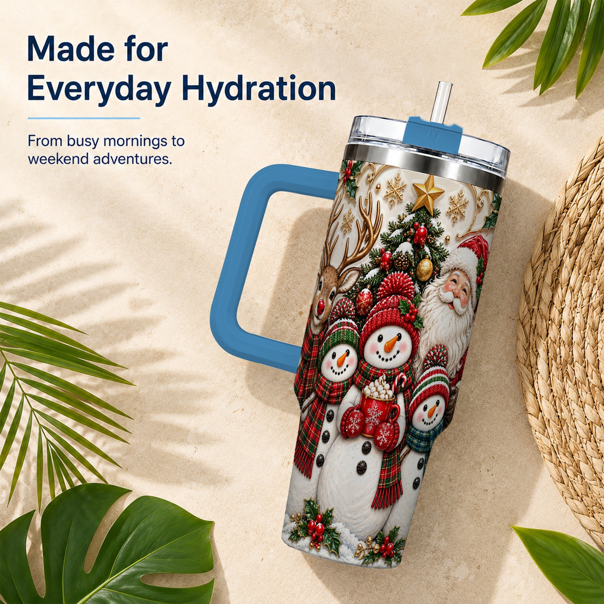 #pl[40oz|Blue] Santa Snowman 40oz Tumbler with Handle, Christmas Travel Cup