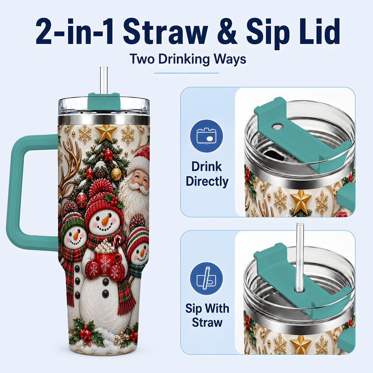 #pl[40oz|Green] Santa Snowman 40oz Tumbler with Handle, Christmas Travel Cup