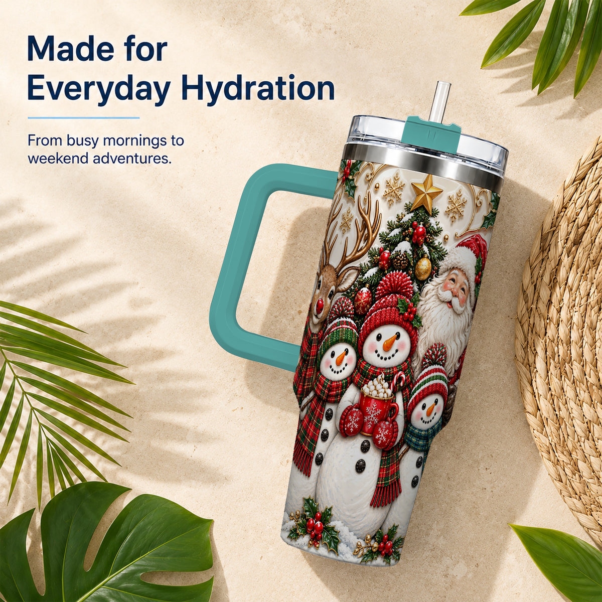 #pl[40oz|Green] Santa Snowman 40oz Tumbler with Handle, Christmas Travel Cup