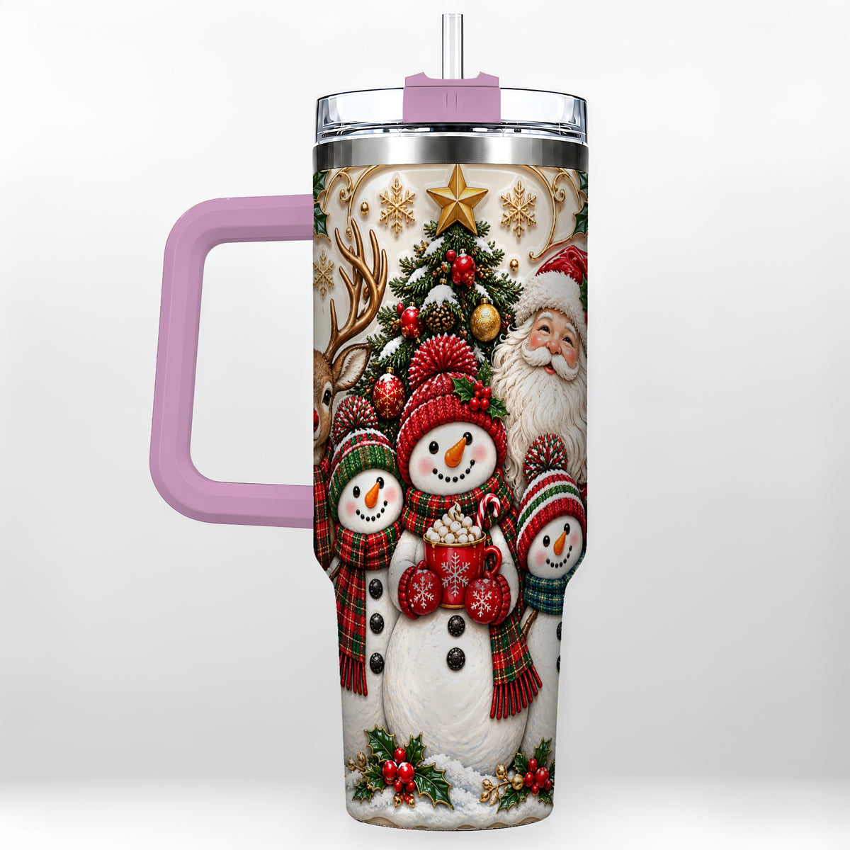 #pl[40oz|Pink] Santa Snowman 40oz Tumbler with Handle, Christmas Travel Cup