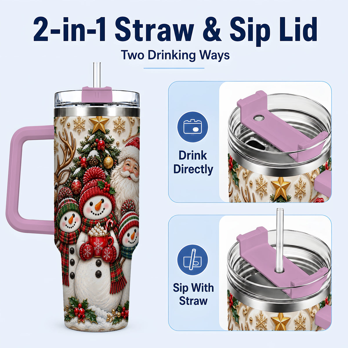 #pl[40oz|Pink] Santa Snowman 40oz Tumbler with Handle, Christmas Travel Cup