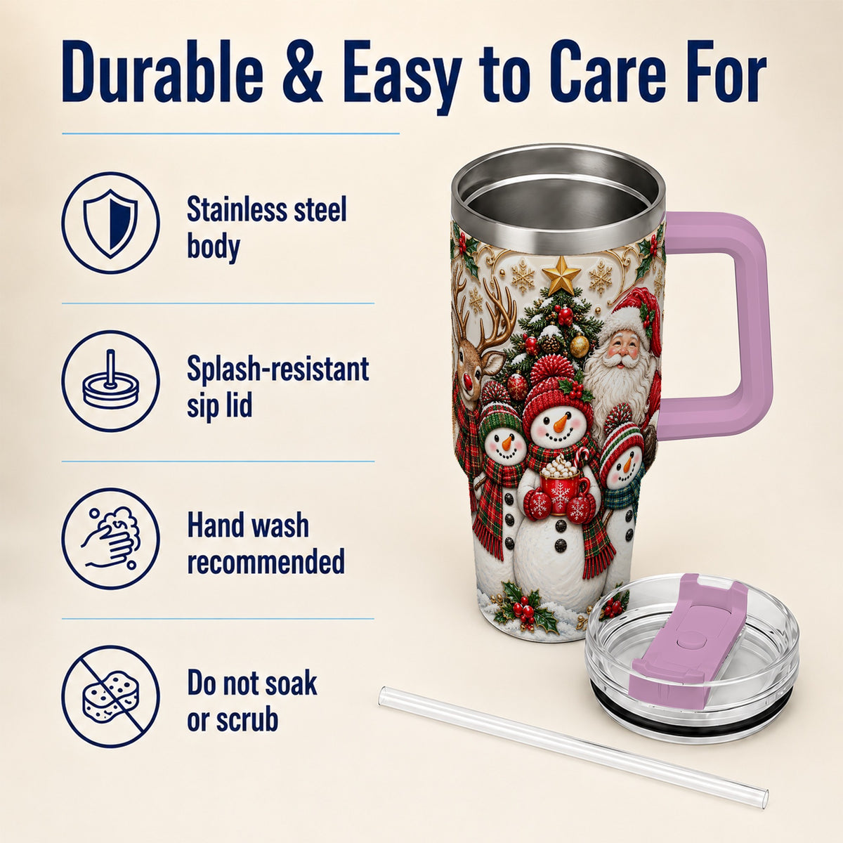 #pl[40oz|Pink] Santa Snowman 40oz Tumbler with Handle, Christmas Travel Cup