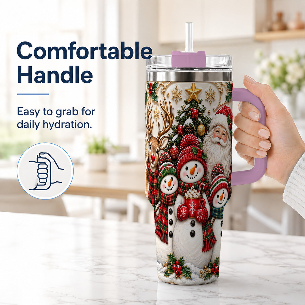 #pl[40oz|Pink] Santa Snowman 40oz Tumbler with Handle, Christmas Travel Cup
