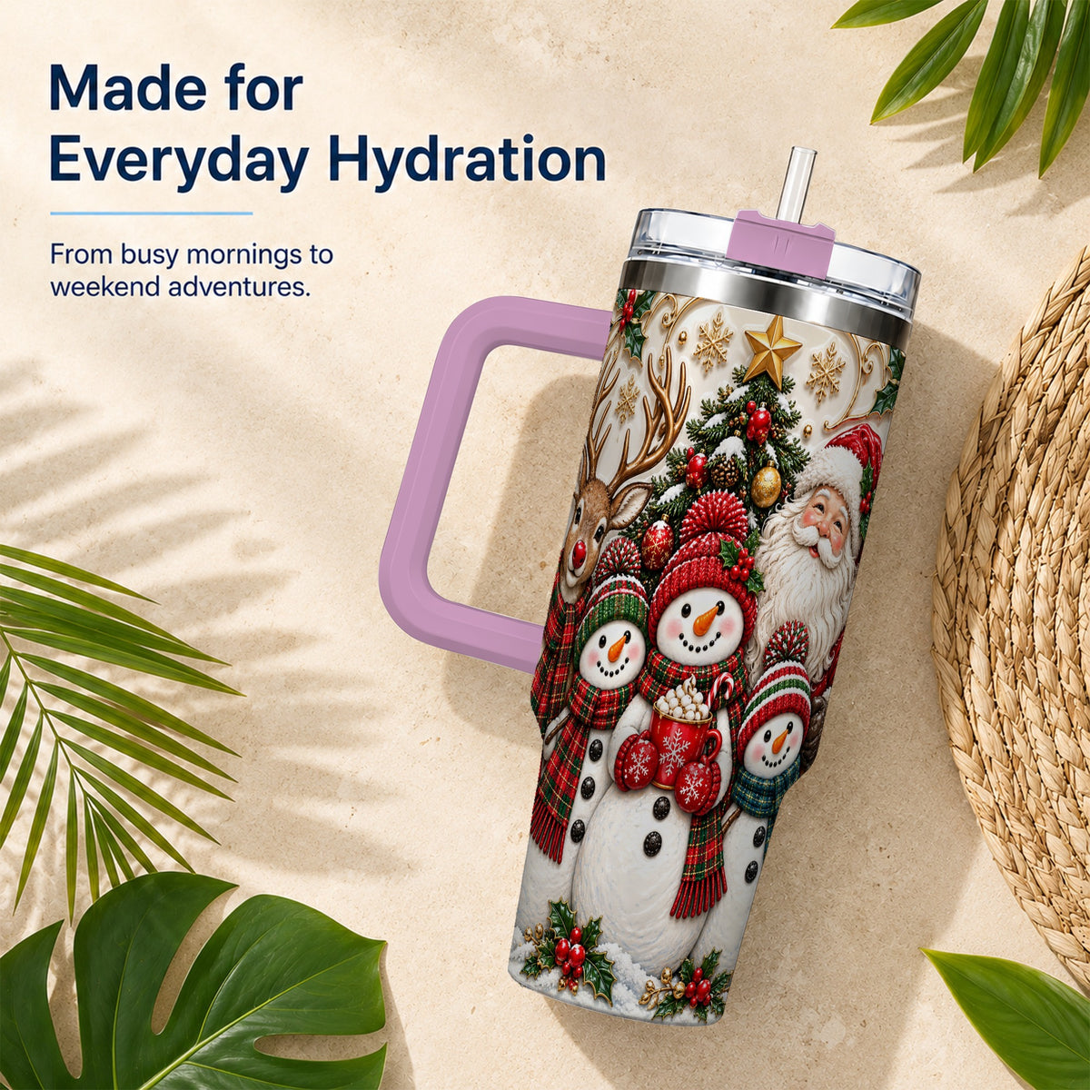 #pl[40oz|Pink] Santa Snowman 40oz Tumbler with Handle, Christmas Travel Cup