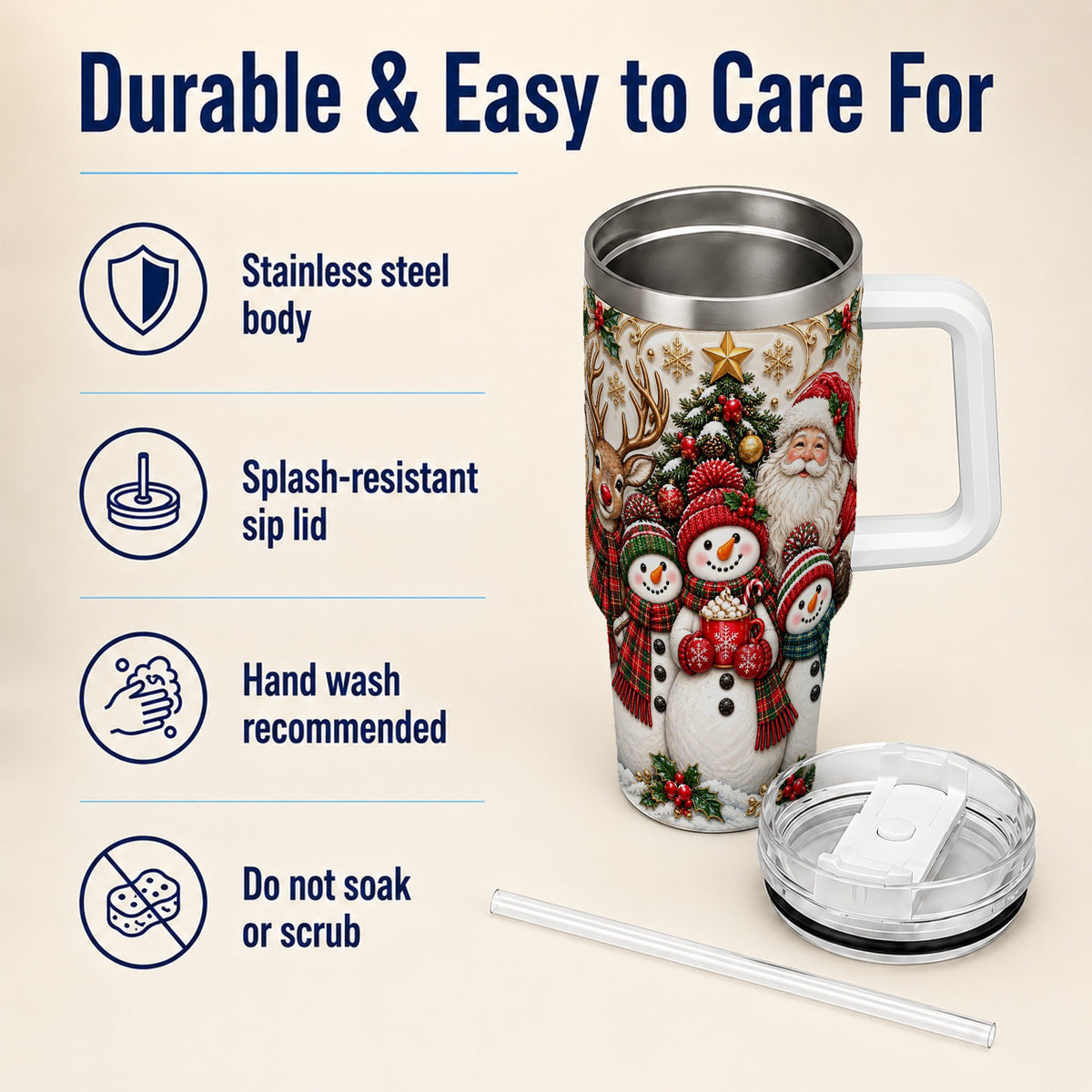 #pl[40oz|White] Santa Snowman 40oz Tumbler with Handle, Christmas Travel Cup