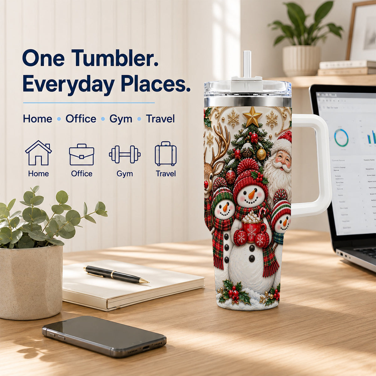 #pl[40oz|White] Santa Snowman 40oz Tumbler with Handle, Christmas Travel Cup