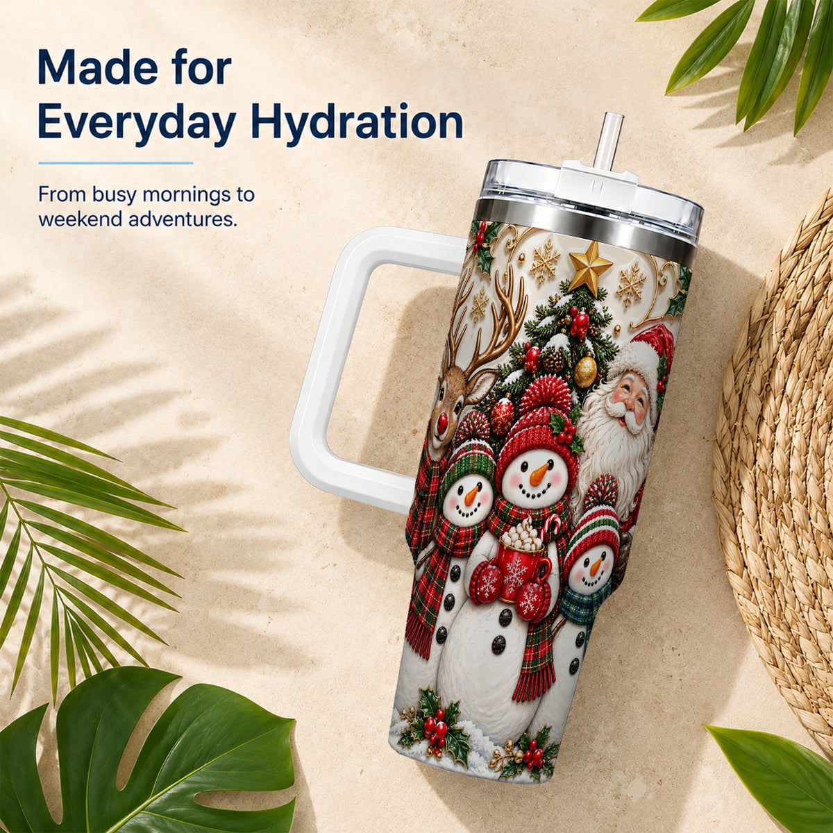 #pl[40oz|White] Santa Snowman 40oz Tumbler with Handle, Christmas Travel Cup