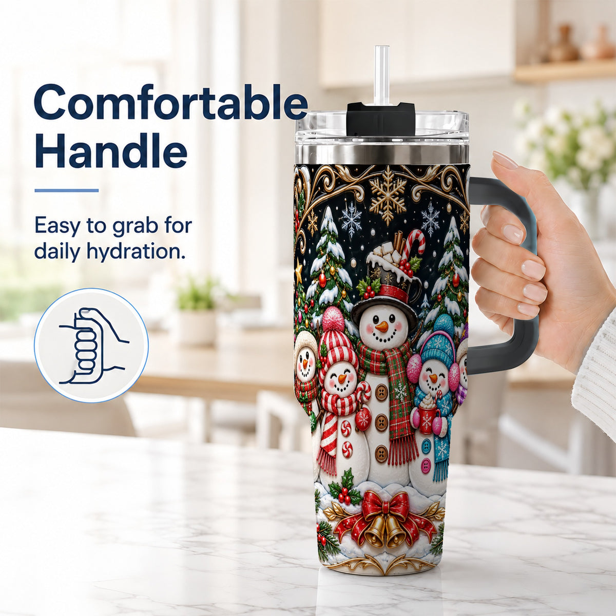 #pl[40oz|Black] Snowman Family 40oz Tumbler with Handle, Christmas Travel Cup