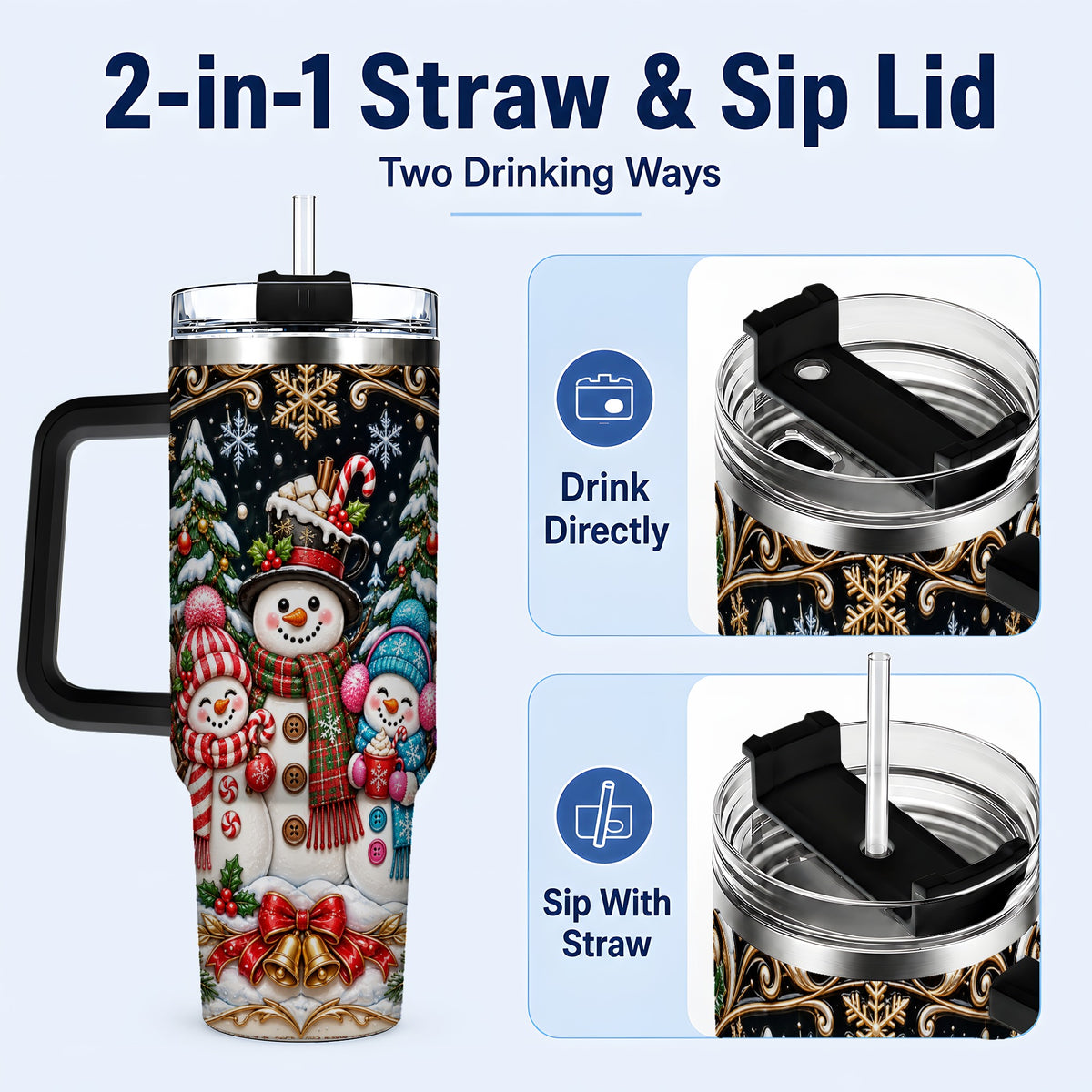 #pl[40oz|Black] Snowman Family 40oz Tumbler with Handle, Christmas Travel Cup