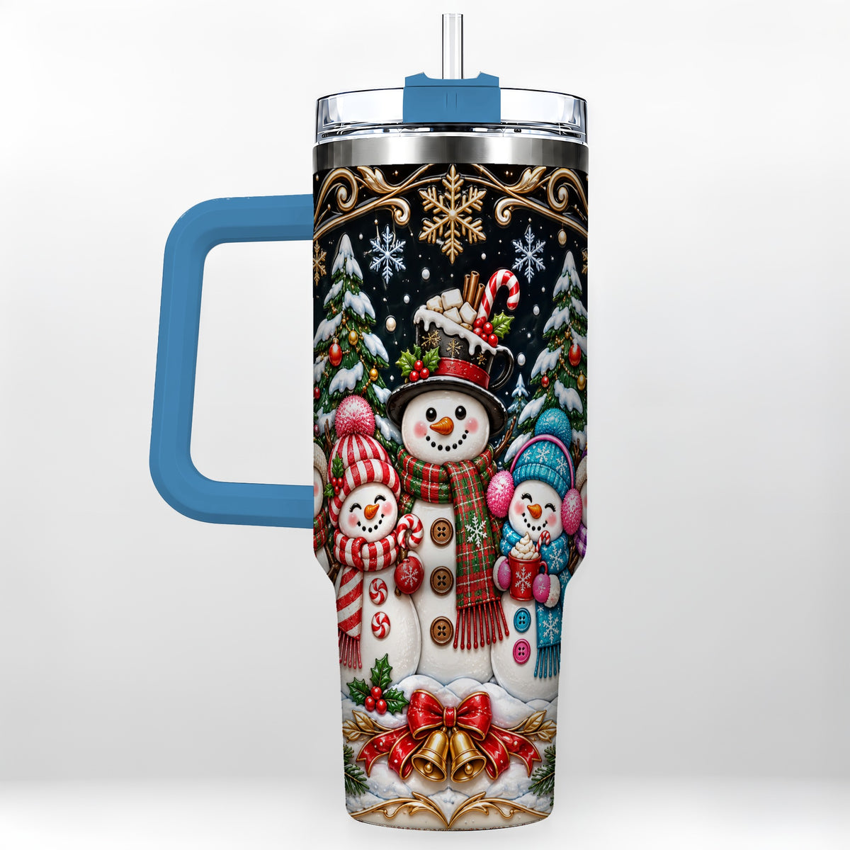 #pl[40oz|Blue] Snowman Family 40oz Tumbler with Handle, Christmas Travel Cup