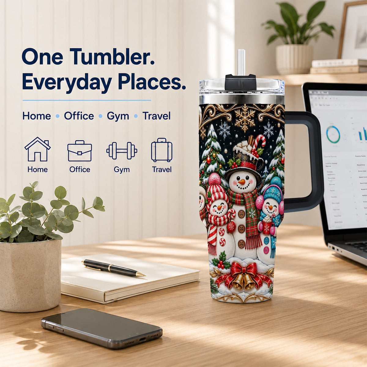 #pl[40oz|Black] Snowman Family 40oz Tumbler with Handle, Christmas Travel Cup