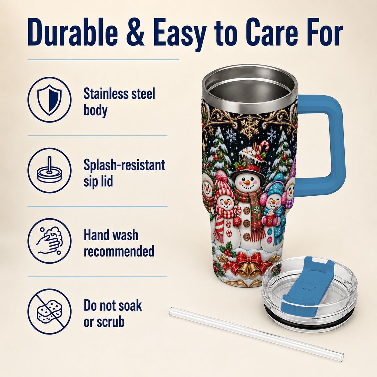 #pl[40oz|Blue] Snowman Family 40oz Tumbler with Handle, Christmas Travel Cup