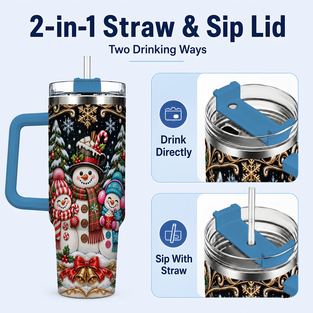 #pl[40oz|Blue] Snowman Family 40oz Tumbler with Handle, Christmas Travel Cup