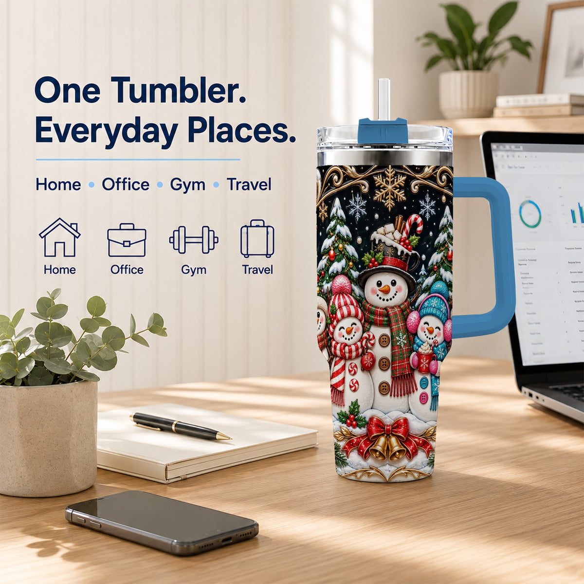 #pl[40oz|Blue] Snowman Family 40oz Tumbler with Handle, Christmas Travel Cup
