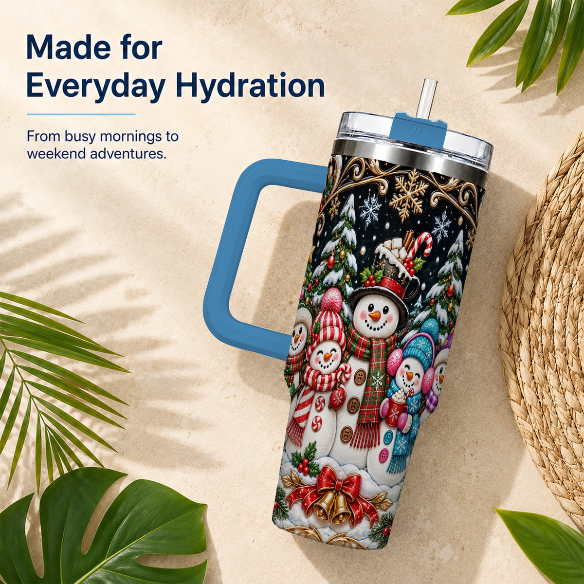 #pl[40oz|Blue] Snowman Family 40oz Tumbler with Handle, Christmas Travel Cup