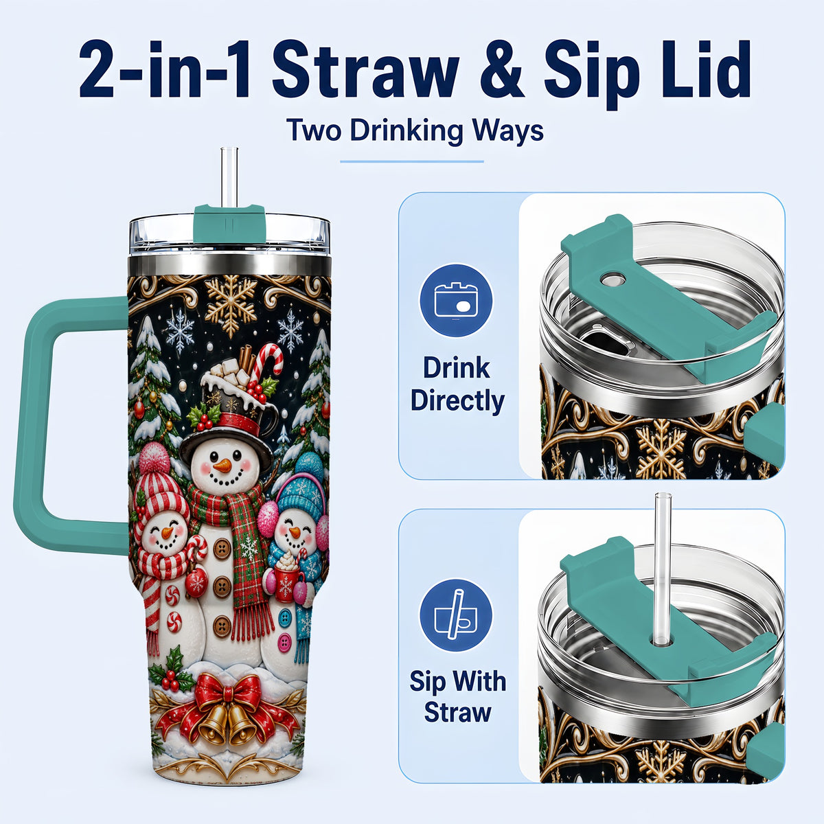 #pl[40oz|Green] Snowman Family 40oz Tumbler with Handle, Christmas Travel Cup