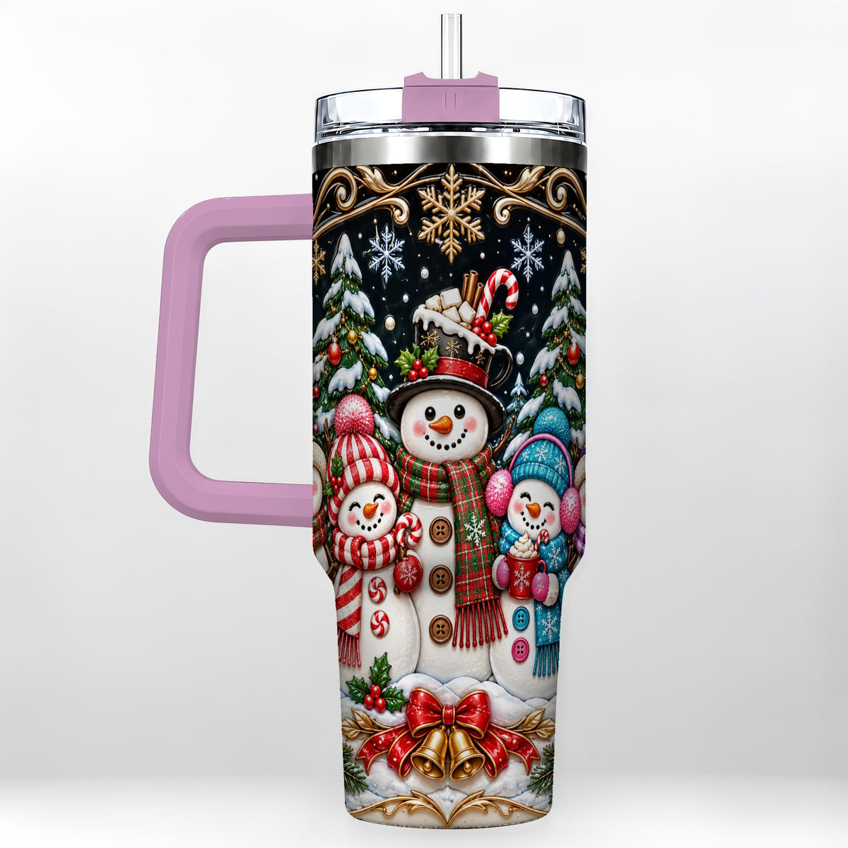 #pl[40oz|Pink] Snowman Family 40oz Tumbler with Handle, Christmas Travel Cup