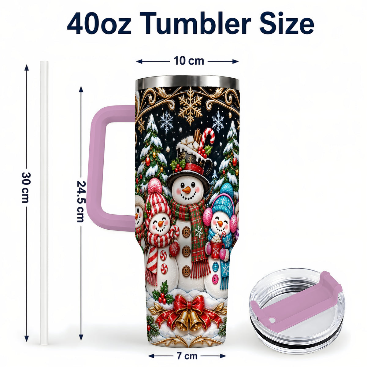 #pl[40oz|Pink] Snowman Family 40oz Tumbler with Handle, Christmas Travel Cup