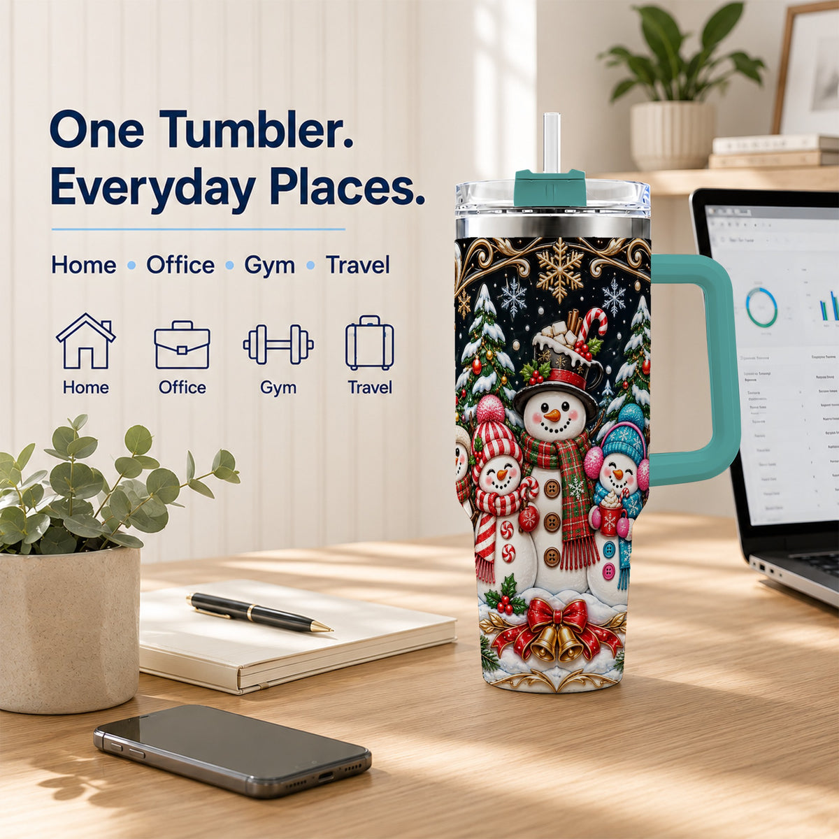 #pl[40oz|Green] Snowman Family 40oz Tumbler with Handle, Christmas Travel Cup