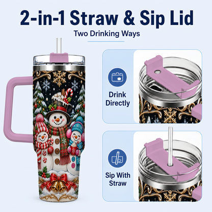 #pl[40oz|Pink] Snowman Family 40oz Tumbler with Handle, Christmas Travel Cup