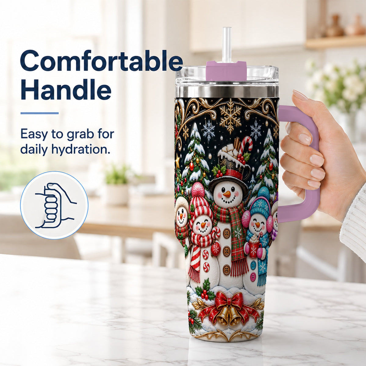 #pl[40oz|Pink] Snowman Family 40oz Tumbler with Handle, Christmas Travel Cup