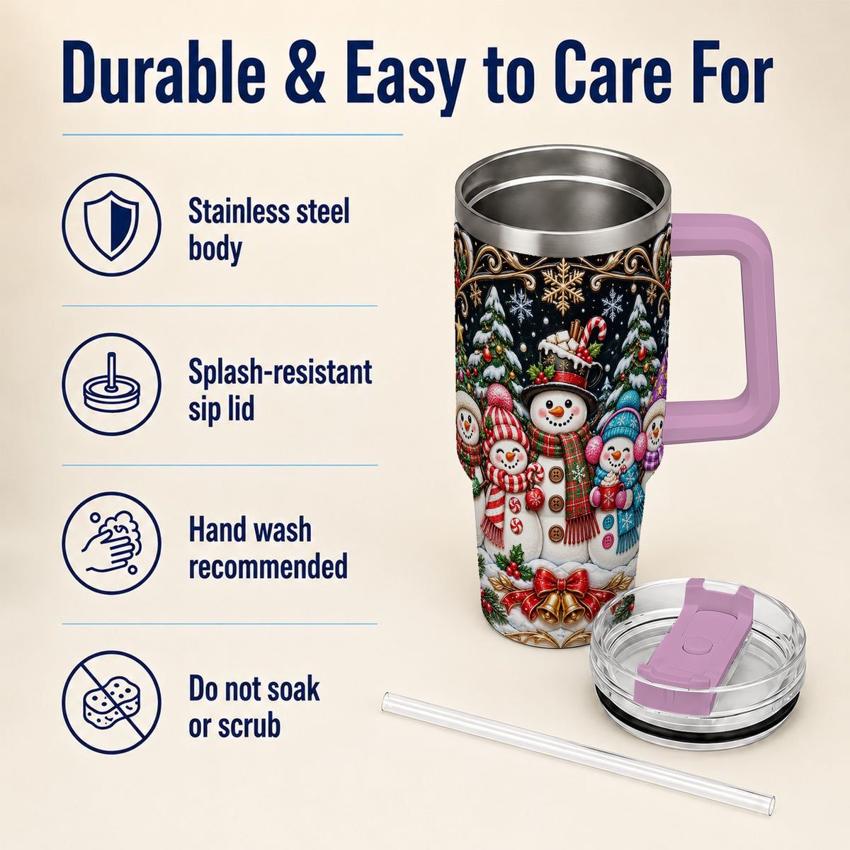 #pl[40oz|Pink] Snowman Family 40oz Tumbler with Handle, Christmas Travel Cup
