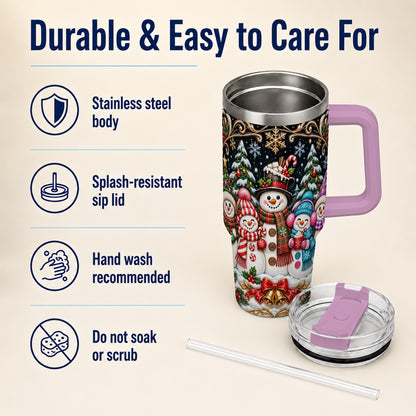 #pl[40oz|Pink] Snowman Family 40oz Tumbler with Handle, Christmas Travel Cup