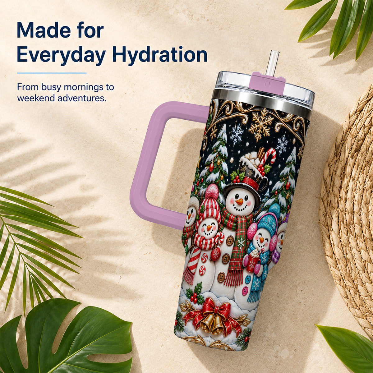 #pl[40oz|Pink] Snowman Family 40oz Tumbler with Handle, Christmas Travel Cup