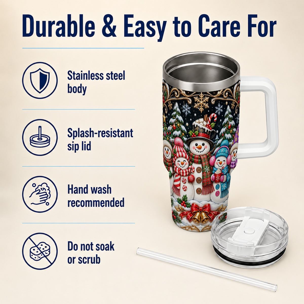 #pl[40oz|White] Snowman Family 40oz Tumbler with Handle, Christmas Travel Cup