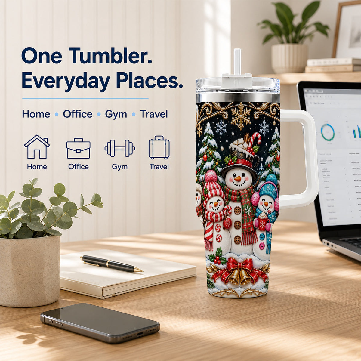 #pl[40oz|White] Snowman Family 40oz Tumbler with Handle, Christmas Travel Cup