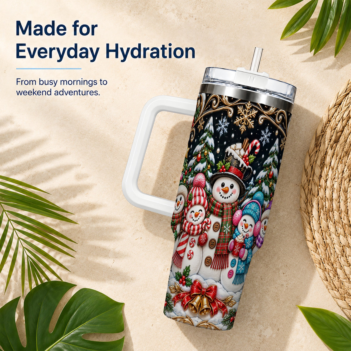 #pl[40oz|White] Snowman Family 40oz Tumbler with Handle, Christmas Travel Cup