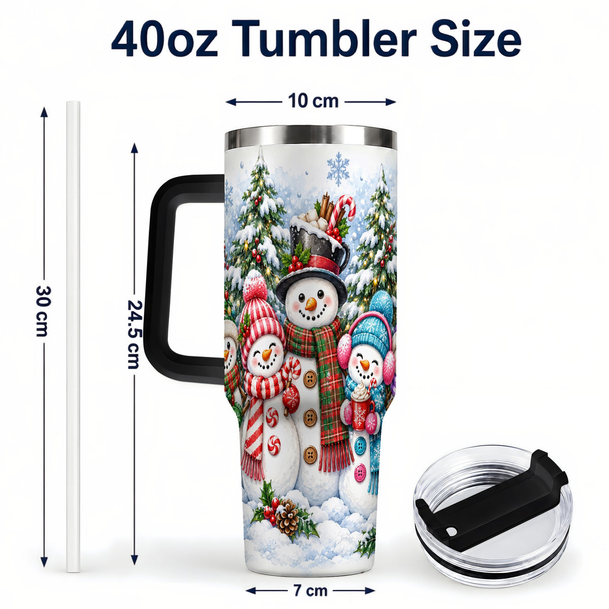 #pl[40oz|Black] Snowman Family 40oz Tumbler with Handle, Watercolor Travel Cup