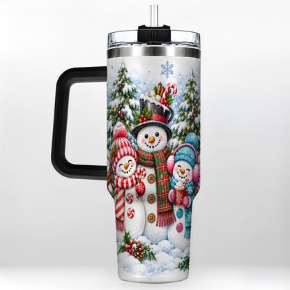#pl[40oz|Black] Snowman Family 40oz Tumbler with Handle, Watercolor Travel Cup