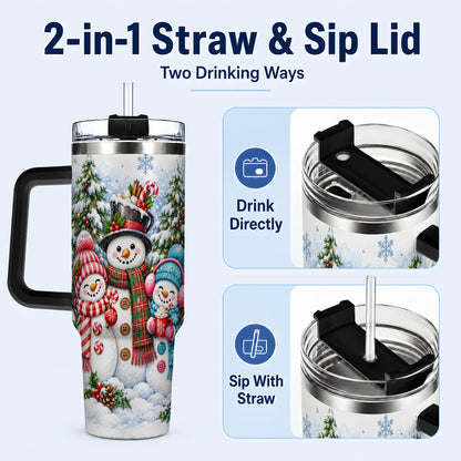 #pl[40oz|Black] Snowman Family 40oz Tumbler with Handle, Watercolor Travel Cup
