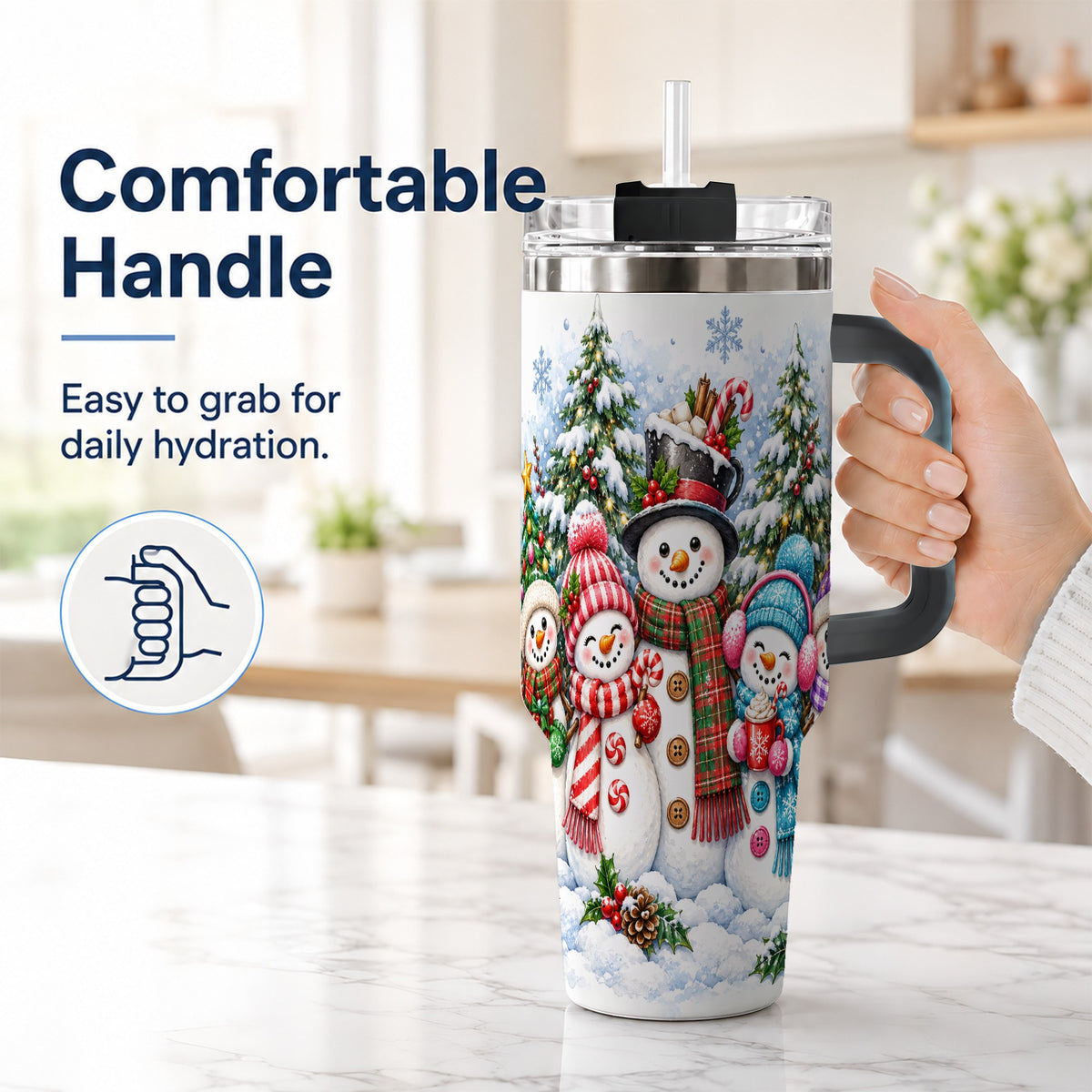 #pl[40oz|Black] Snowman Family 40oz Tumbler with Handle, Watercolor Travel Cup