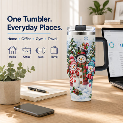 #pl[40oz|Black] Snowman Family 40oz Tumbler with Handle, Watercolor Travel Cup