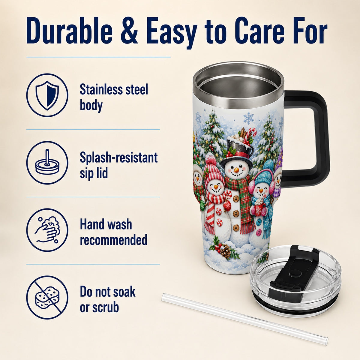 #pl[40oz|Black] Snowman Family 40oz Tumbler with Handle, Watercolor Travel Cup