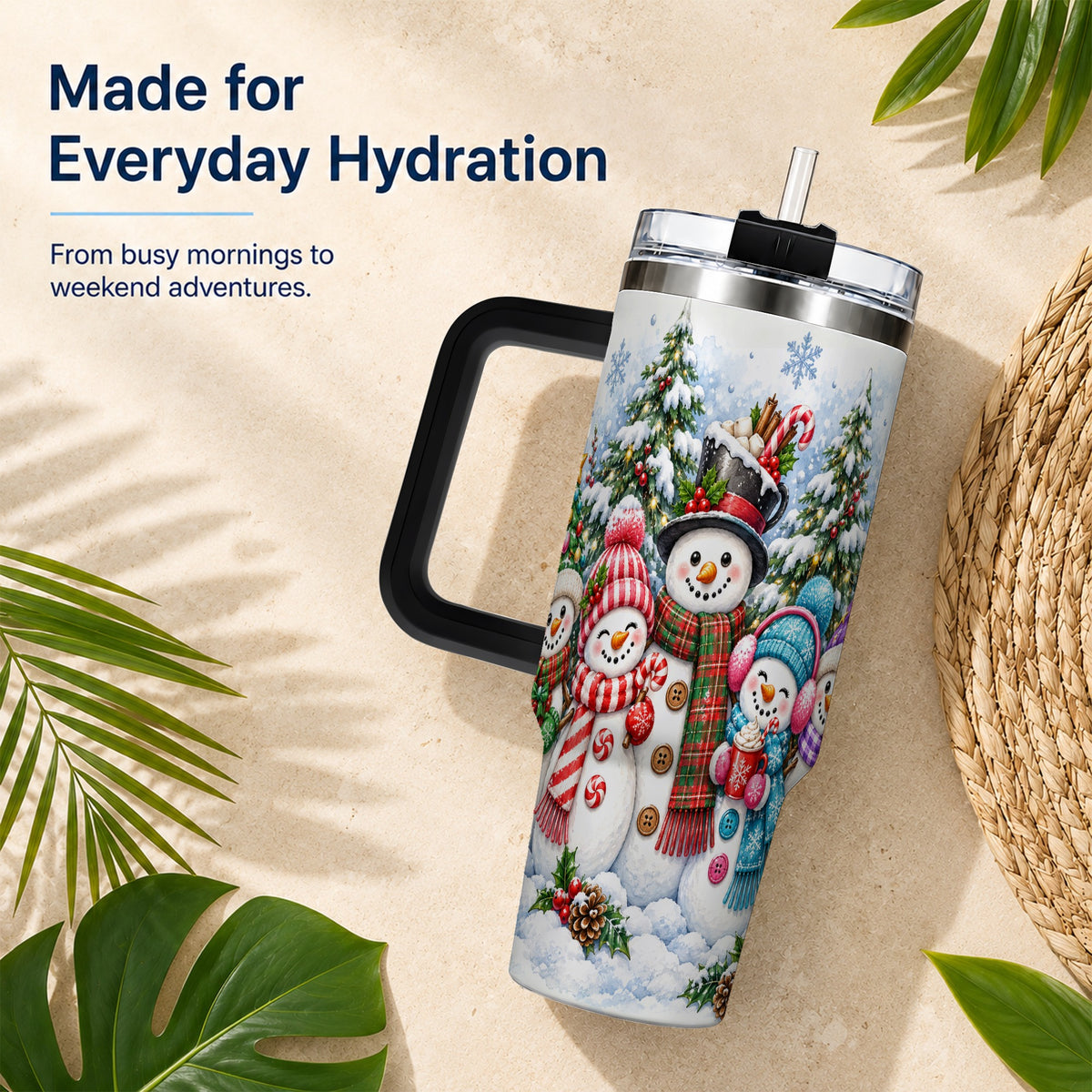 #pl[40oz|Black] Snowman Family 40oz Tumbler with Handle, Watercolor Travel Cup