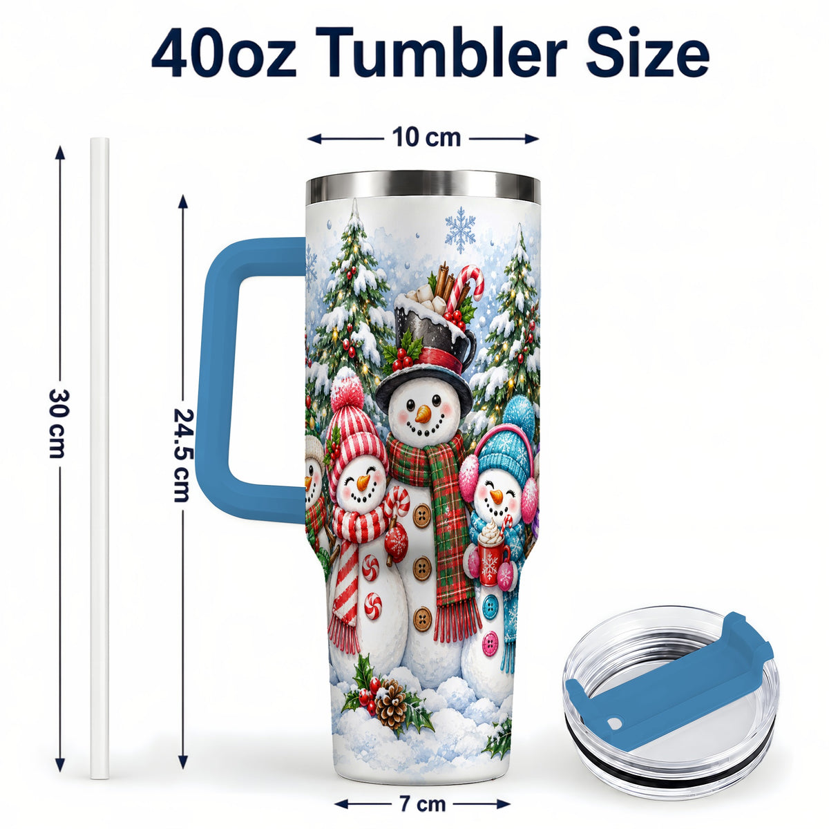 #pl[40oz|Blue] Snowman Family 40oz Tumbler with Handle, Watercolor Travel Cup
