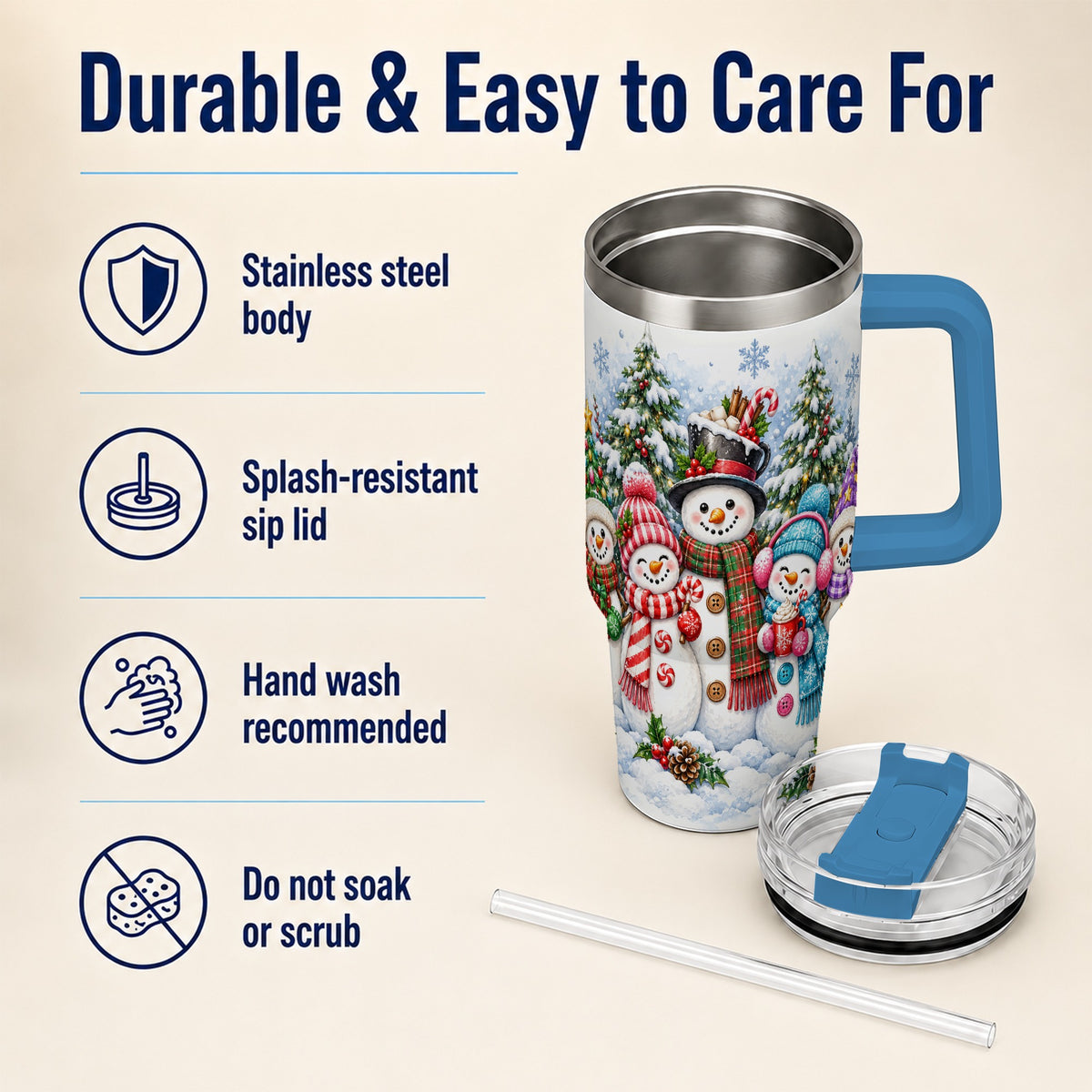 #pl[40oz|Blue] Snowman Family 40oz Tumbler with Handle, Watercolor Travel Cup
