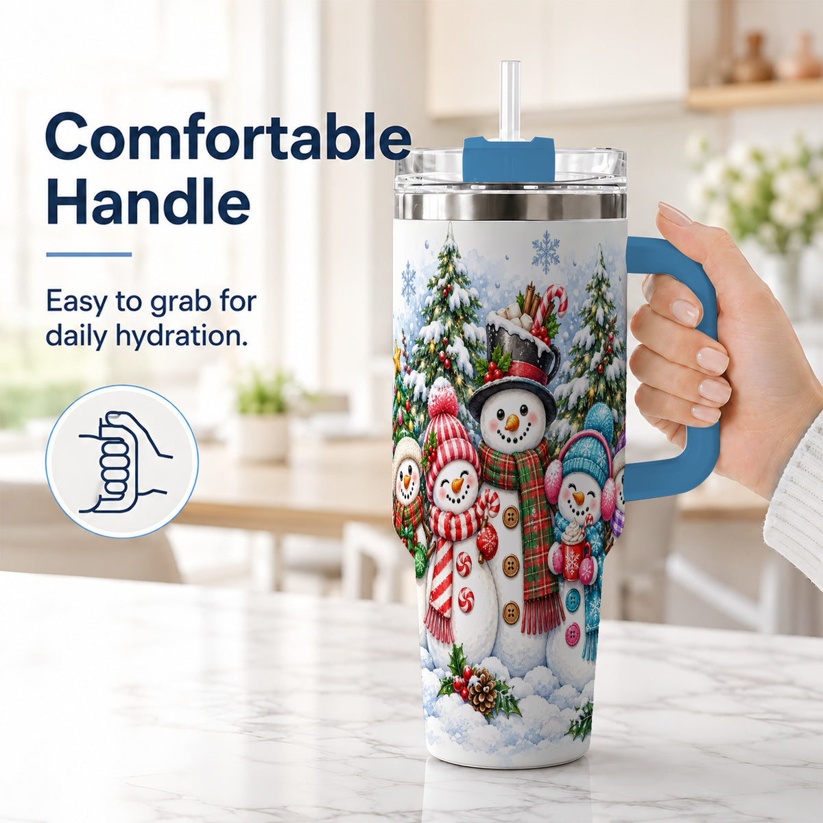 #pl[40oz|Blue] Snowman Family 40oz Tumbler with Handle, Watercolor Travel Cup