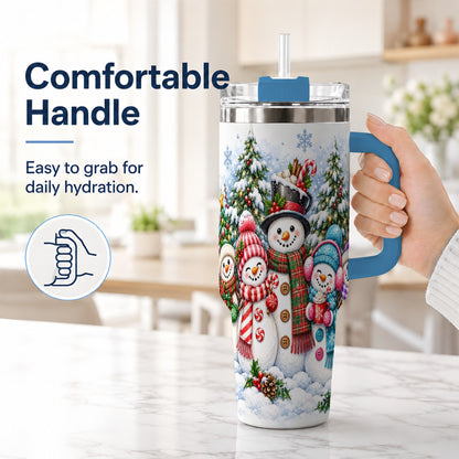 #pl[40oz|Blue] Snowman Family 40oz Tumbler with Handle, Watercolor Travel Cup