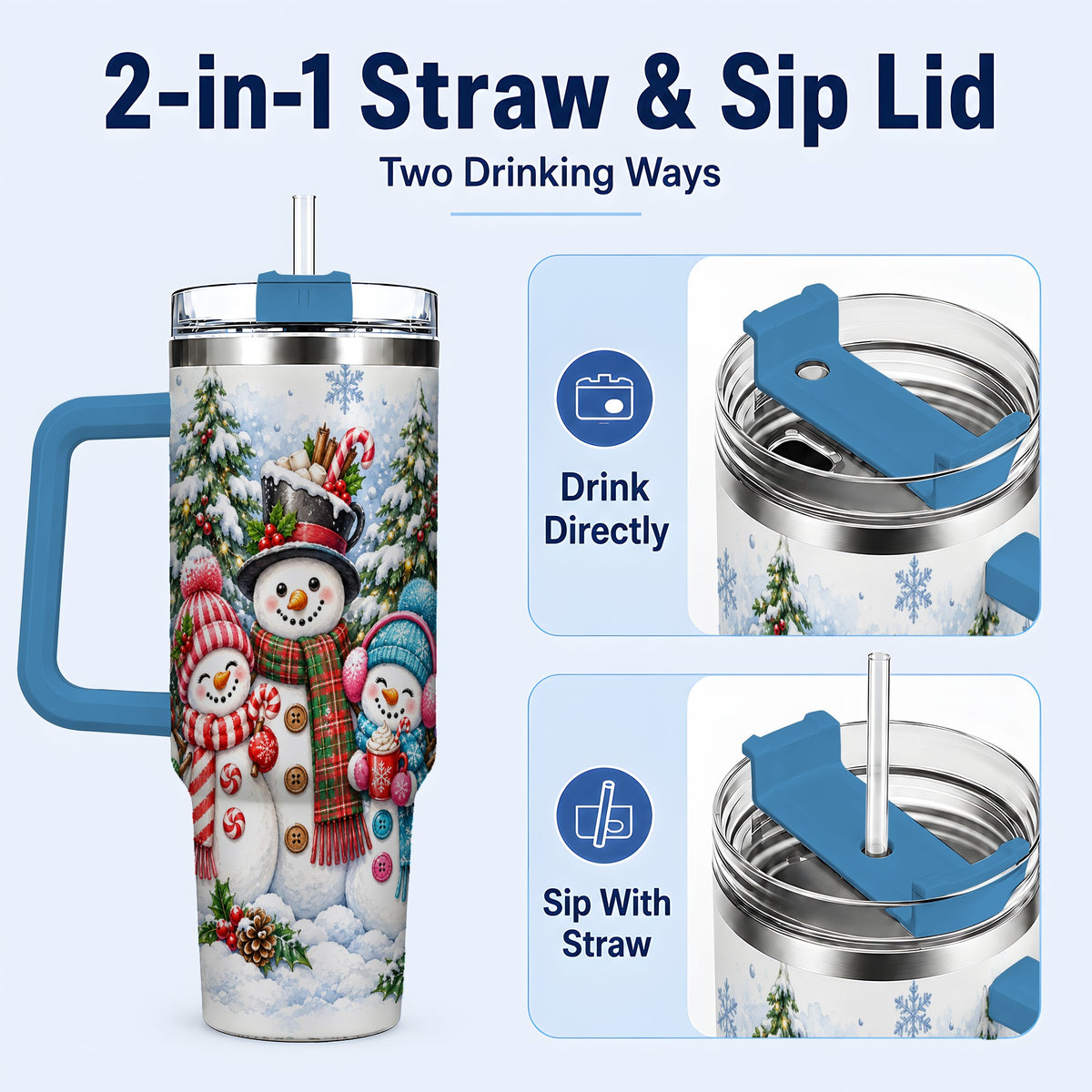 #pl[40oz|Blue] Snowman Family 40oz Tumbler with Handle, Watercolor Travel Cup
