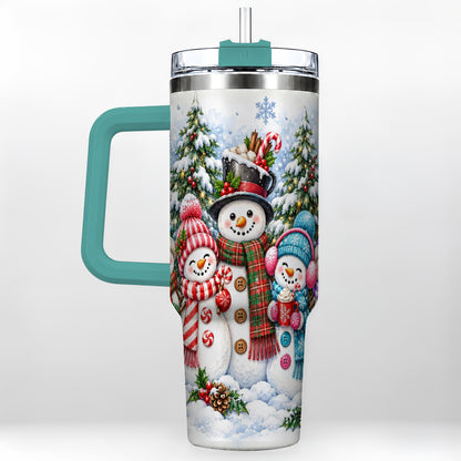 #pl[40oz|Green] Snowman Family 40oz Tumbler with Handle, Watercolor Travel Cup