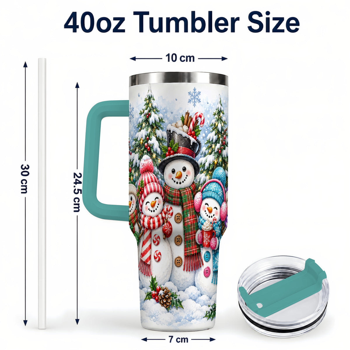 #pl[40oz|Green] Snowman Family 40oz Tumbler with Handle, Watercolor Travel Cup